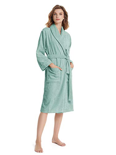 SIORO Toalla de algodón para Mujer Batas de Felpa Cálido Cuello Chal Toalla Absorbente Albornoz hasta la Pantorrilla Ropa de Dormir, Verde Niebla Grande