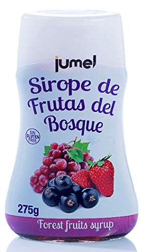 Sirope JUMEL botella 275g, sin gluten, multisabor: fresa, caramelo, chocolate y frutas del bosque. Formato antigoteo. Pack de 4 unidades.