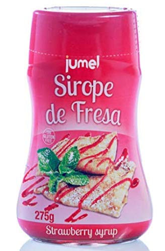 Sirope JUMEL botella 275g, sin gluten, multisabor: fresa, caramelo, chocolate y frutas del bosque. Formato antigoteo. Pack de 4 unidades.