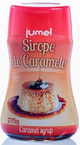 Sirope JUMEL botella 275g, sin gluten, multisabor: fresa, caramelo, chocolate y frutas del bosque. Formato antigoteo. Pack de 4 unidades.