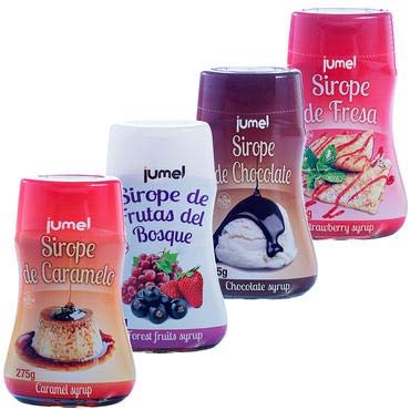 Sirope JUMEL botella 275g, sin gluten, multisabor: fresa, caramelo, chocolate y frutas del bosque. Formato antigoteo. Pack de 4 unidades.