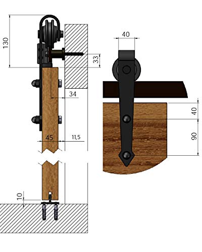 Sistema de puerta corredera, forma de flecha, 200 cm, juego completo con ruedas y riel, sistema de puerta corredera de 2 metros, forma de flecha - Arrow Black