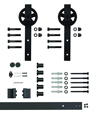 Sistema de puerta corredera, rueda de radios de 200 cm, juego completo con ruedas y carril, sistema de puerta corredera de 2 metros, rueda de radios -Spoke wheel black