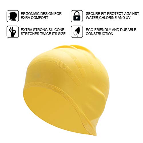 SJWR Gorro de baño de Silicona para Mujer para Cabello Largo, diseño ergonómico 3D Gorras de natación de Silicona para Mujeres, niños, Hombres, Adultos, niños, niñas,Yellow