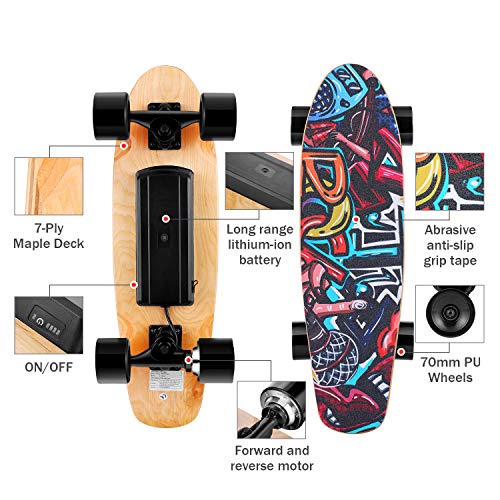 Skateboard Eléctrica con Control Remoto, 25.4 '' Monopatín de 4 Ruedas con Batería de Litio, Velocidad máxima de 20 km/h, Motor de 350 W, 7 Capas de Tabla de Hoja de Arce Sólida