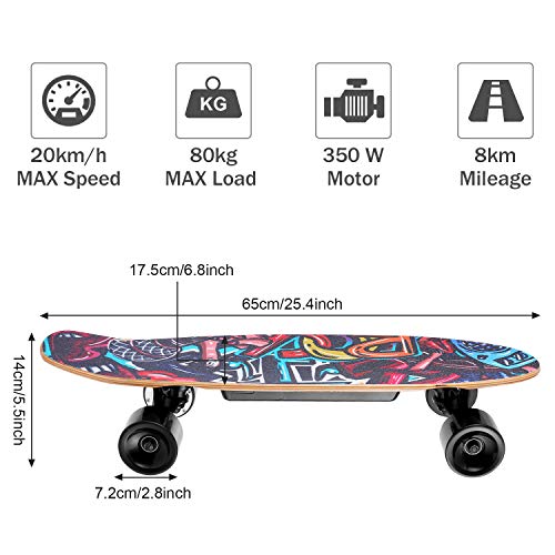 Skateboard Eléctrica con Control Remoto, 25.4 '' Monopatín de 4 Ruedas con Batería de Litio, Velocidad máxima de 20 km/h, Motor de 350 W, 7 Capas de Tabla de Hoja de Arce Sólida