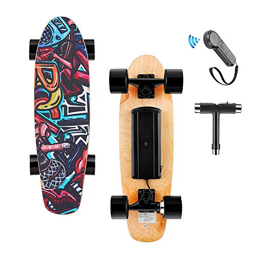 Skateboard Eléctrica con Control Remoto, 25.4 '' Monopatín de 4 Ruedas con Batería de Litio, Velocidad máxima de 20 km/h, Motor de 350 W, 7 Capas de Tabla de Hoja de Arce Sólida