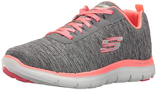 Skechers Flex Appeal 2.0, Zapatillas con Cordones,Detalles de Costuras y Plantilla para Caminar y Entrenar Mujer, Multicolor (GYCL Black & Charcoal Mesh/Coral Trim), 39 EU