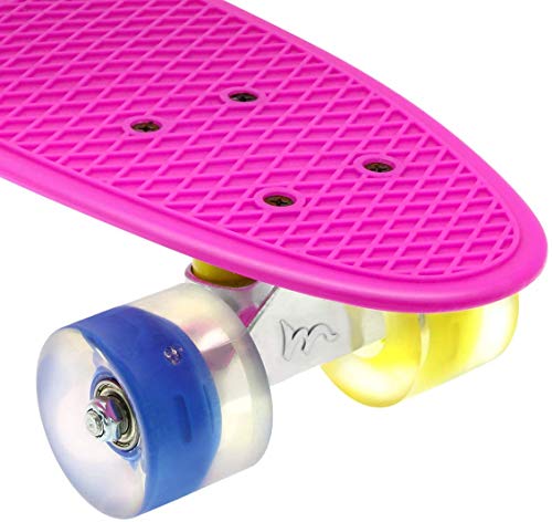 Skevic Skateboard 55cm/22inch para Principiantes Adultos y Niños, Mini Cruiser Retro Skateboard con All-in-One Skate T-Tool, Skateboard con 4 LED PU Ruedas (Rosa)