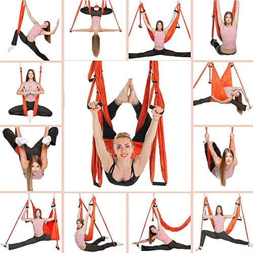 SKFG Aerial Yoga Hamaca Pilates Gymnastikband Rojo Naranja Set, 6 empuñaduras Anti-Schwerkraft Serpiente Nylon Taft Gymnastik Grasa Perder Deporte Yoga Schaukel para señoras Yoga Rücken-Training