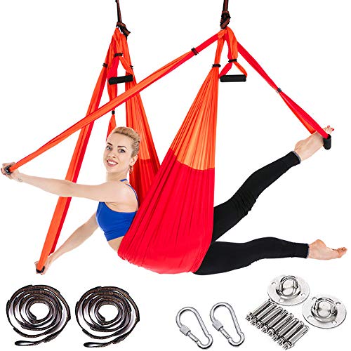 SKFG Aerial Yoga Hamaca Pilates Gymnastikband Rojo Naranja Set, 6 empuñaduras Anti-Schwerkraft Serpiente Nylon Taft Gymnastik Grasa Perder Deporte Yoga Schaukel para señoras Yoga Rücken-Training