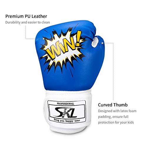 SKL Guantes de Boxeo para Niños 4oz Guantes de Boxeo de Combate de Dibujos Animados para niños Mitones de Entrenamiento Junior Punch PU Leather Edad 5-12 años(Azul)