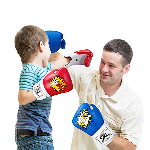 SKL Guantes de Boxeo para Niños 4oz Guantes de Boxeo de Combate de Dibujos Animados para niños Mitones de Entrenamiento Junior Punch PU Leather Edad 5-12 años(Azul)