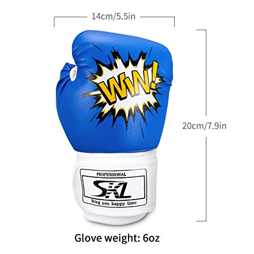 SKL Guantes de Boxeo para Niños 4oz Guantes de Boxeo de Combate de Dibujos Animados para niños Mitones de Entrenamiento Junior Punch PU Leather Edad 5-12 años(Azul)