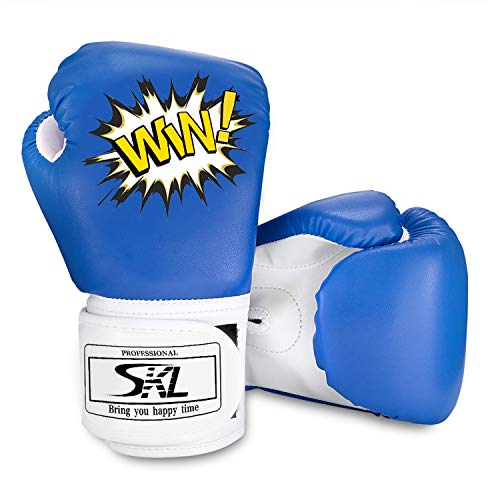 SKL Guantes de Boxeo para Niños 4oz Guantes de Boxeo de Combate de Dibujos Animados para niños Mitones de Entrenamiento Junior Punch PU Leather Edad 5-12 años(Azul)