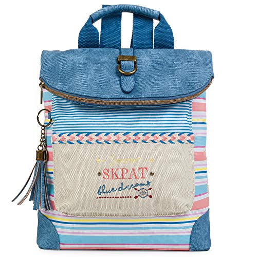 SKPAT - Mochila Estampada de Mujer. Diseño Casual. Tiras Ajustables y Asa de Mano. Lona a Rayas. Ideal para Diario. Muy Cómoda para Compras o Viaje. Marca. 302560, Color Azul SKPAT - Mochila Estampada de Mujer. Diseño Casual. Tiras Ajustables y Asa de Mano. Lona a Rayas. Ideal para Diario. Muy Cómoda para Compras o Viaje. Marca. 302560, Color Azul