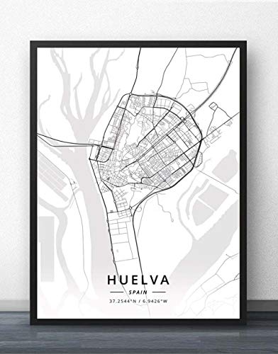 SKYROPNG Impresión De Lienzo,Huelva España Mapa Ciudad Latitud Longitud Blanco Negro Simple Arte Cartel Mural Minimalista Pop Pintura Oficina De La Vida Decoración, 60Cm X 80Cm/23.6 * 31.5