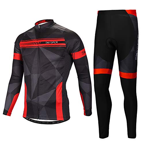 SKYSPER Maillot Ciclismo Hombres Jersey Mangas Largas Pantalones Largos Culotte de Ciclismo Conjunto de Ropa Maillot Entretiempo Invierno para Deportes al Aire Libre Ciclo Bicicleta