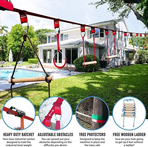 Slackline 50FT Ninja Obstacle Course Line Kit Obstáculos para Colgar Árboles Al Aire Libre Accesorios Equipado Los Accesorios Más Completos Con columpios,escaleras de cuerda y redes de obstáculos