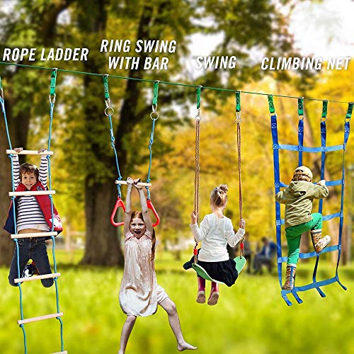 Slackline 50FT Ninja Obstacle Course Line Kit Obstáculos para Colgar Árboles Al Aire Libre Accesorios Equipado Los Accesorios Más Completos Con columpios,escaleras de cuerda y redes de obstáculos