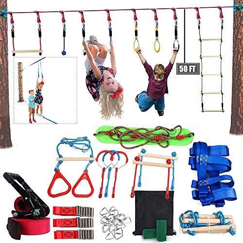 Slackline 50FT Ninja Obstacle Course Line Kit Obstáculos para Colgar Árboles Al Aire Libre Accesorios Equipado Los Accesorios Más Completos Con columpios,escaleras de cuerda y redes de obstáculos