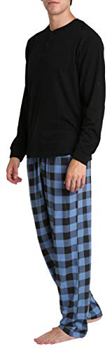 SLEEPHERO Hombres Conjunto de pantalón de Camisa de Pijama con Botones de Henley de Manga Larga de algodón para Adultos Cuadros Buffalo en Azul Marino, Negro y Azul Extra Extra Grande