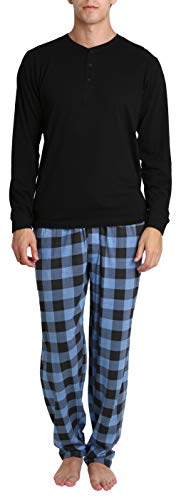 SLEEPHERO Hombres Conjunto de pantalón de Camisa de Pijama con Botones de Henley de Manga Larga de algodón para Adultos Cuadros Buffalo en Azul Marino, Negro y Azul Extra Extra Grande