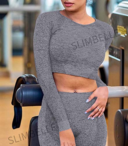 SLIMBELLE Camiseta Deportiva Mujer Yoga Top Sin Costuras Manga Larga Fitness Deporte Crop Top Long Sleeve Gym Camisa Chándal Corto Medias Compression Shirt Sportwear para Running Gimnasio Pilatess