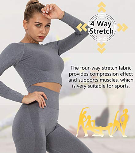 SLIMBELLE Camiseta Deportiva Mujer Yoga Top Sin Costuras Manga Larga Fitness Deporte Crop Top Long Sleeve Gym Camisa Chándal Corto Medias Compression Shirt Sportwear para Running Gimnasio Pilatess