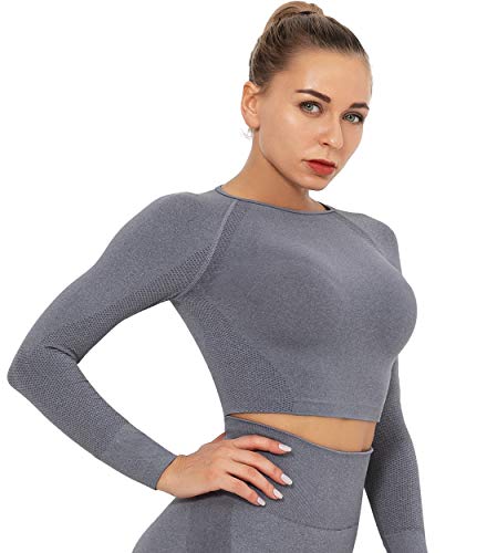 SLIMBELLE Camiseta Deportiva Mujer Yoga Top Sin Costuras Manga Larga Fitness Deporte Crop Top Long Sleeve Gym Camisa Chándal Corto Medias Compression Shirt Sportwear para Running Gimnasio Pilatess