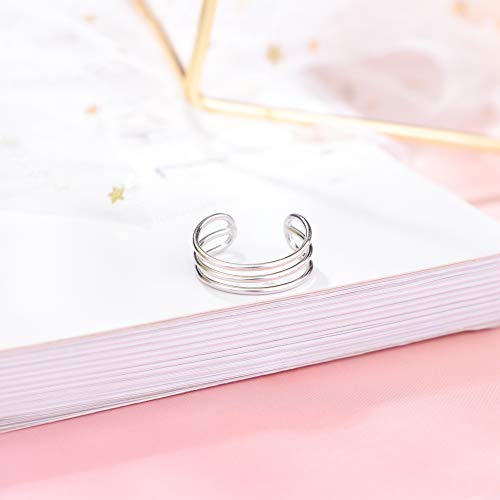 Sllaiss Anillo de plata de ley 925, minimalista, horizontal, triple línea, simple, para mujer, ajustable, para dedo del pie abierto, anillo para nudillos, tamaño 5-8 Sllaiss Anillo de plata de ley 925, minimalista, horizontal, triple línea, simple, para mujer, ajustable, para dedo del pie abierto, anillo para nudillos, tamaño 5-8