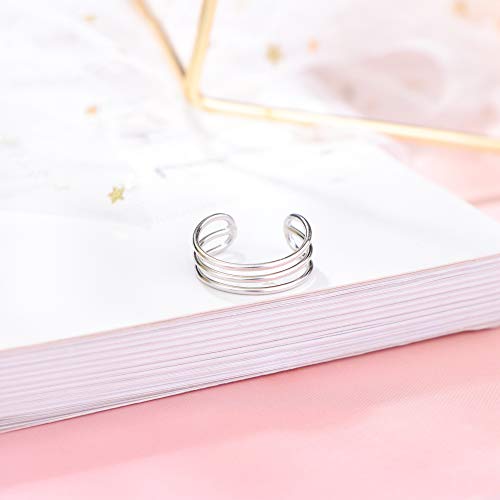 Sllaiss Anillo de plata de ley 925, minimalista, horizontal, triple línea, simple, para mujer, ajustable, para dedo del pie abierto, anillo para nudillos, tamaño 5-8