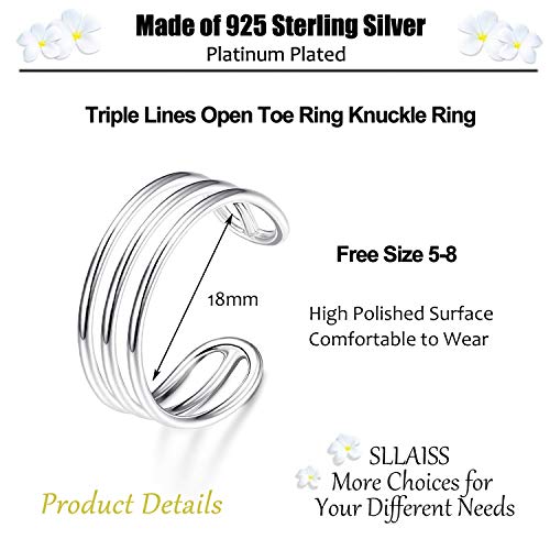 Sllaiss Anillo de plata de ley 925, minimalista, horizontal, triple línea, simple, para mujer, ajustable, para dedo del pie abierto, anillo para nudillos, tamaño 5-8