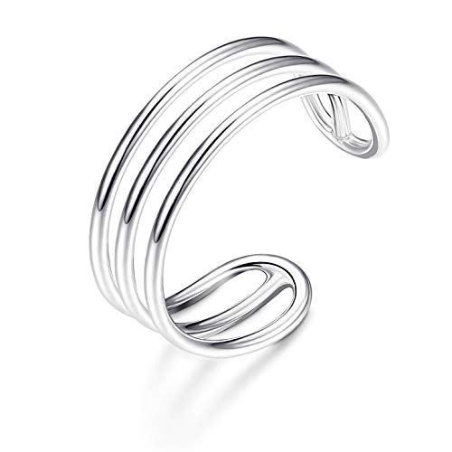 Sllaiss Anillo de plata de ley 925, minimalista, horizontal, triple línea, simple, para mujer, ajustable, para dedo del pie abierto, anillo para nudillos, tamaño 5-8 Sllaiss Anillo de plata de ley 925, minimalista, horizontal, triple línea, simple, para mujer, ajustable, para dedo del pie abierto, anillo para nudillos, tamaño 5-8