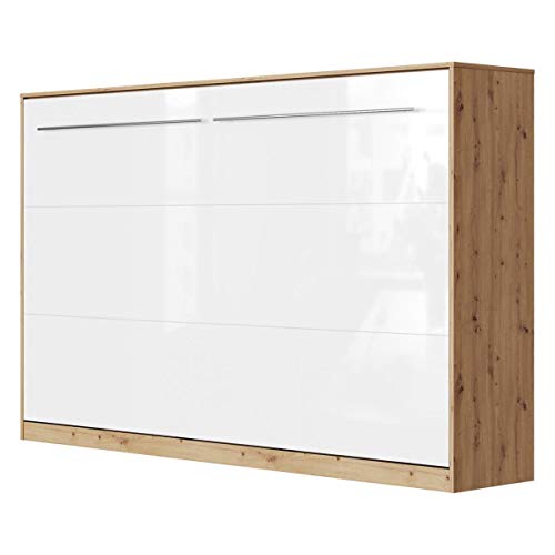 SMARTBett Standard 120x200cm Horizontal Roble Salvaje/Blanco Alto Brillo Cómodo | Cama Abatible, Cama De Pared, Cama Plegable, Cama Oculta