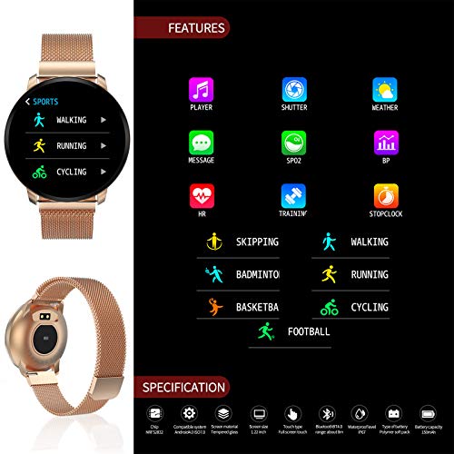 Smartwatch Fashion para Hombre Mujer Impermeable Reloj Inteligente Monitores de Actividad Fitness Tracker con Monitor de Sueño Pulsómetros Podómetro Compatible con iOS Android Huawei (Dorado)