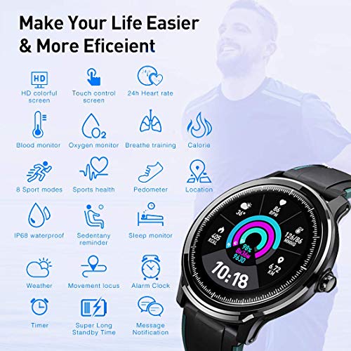 Smartwatch Reloj Inteligente con un Correa Verde Oscuro Reemplazable Impermeable IP68 Pulsera Actividad Monitor de Sueño Calorías Podómetro Pulsómetro Notificación de Llamada y Mensaje Hombre Mujer