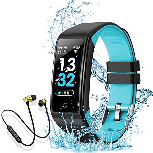 Smartwatch, Reloj Inteligente Mujer Hombre Niños Pulsera, Pulsera de Actividad Inteligente con Contador de Caloría Monitoreo Pulsómetros + Auriculares Bluetooth Deportivos, para Android iOS (Azul)
