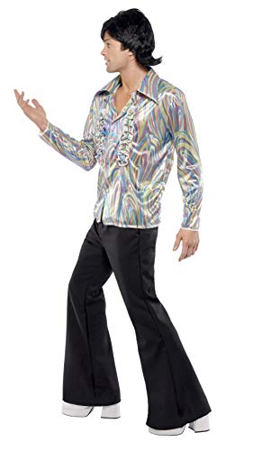 Smiffys-33841L Disfraz Retro de los 70, con Estampado psicodélico, Camisa y Pantalones de Campana, Color Negro, L - Tamaño 42"-44" (Smiffy'S 33841L)