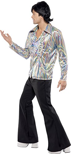 Smiffys-33841L Disfraz Retro de los 70, con Estampado psicodélico, Camisa y Pantalones de Campana, Color Negro, L - Tamaño 42"-44" (Smiffy'S 33841L) Smiffys-33841L Disfraz Retro de los 70, con Estampado psicodélico, Camisa y Pantalones de Campana, Color Negro, L - Tamaño 42"-44" (Smiffy'S 33841L)