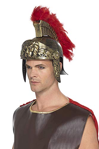 Smiffys Casco de espartano romano,Dorado y rojo,de plástico, con penacho de plumas desmo