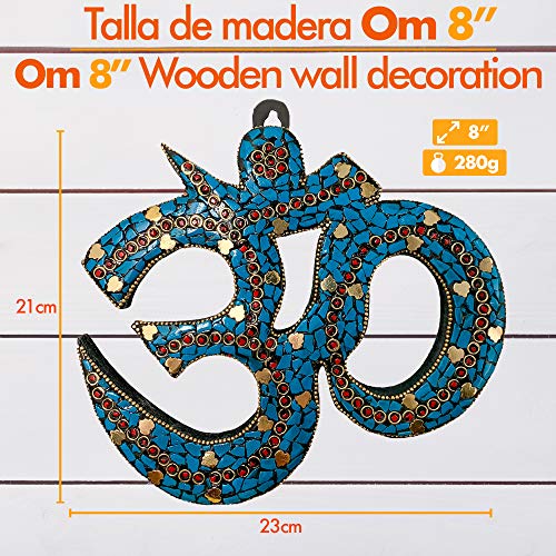 Snadi Escultura Om Color Piedra Turquesa - 8 ‘’ 23 x 21 cm. Accesorios meditacion, Colgador de Pared con Gancho. Decoracion Hindu con Inserciones de Metal y pequeñas Piezas esmaltadas.