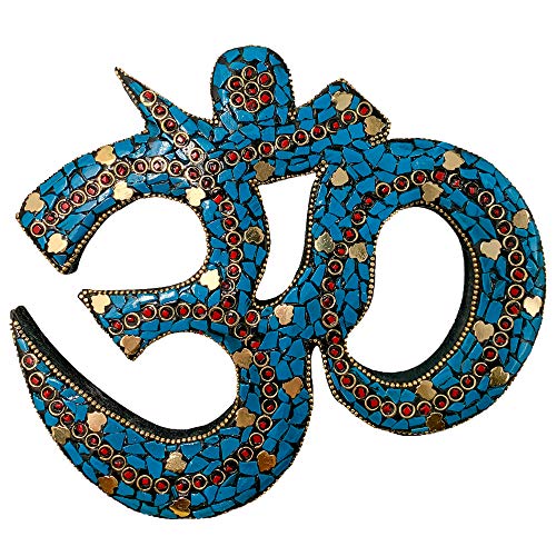 Snadi Escultura Om Color Piedra Turquesa - 8 ‘’ 23 x 21 cm. Accesorios meditacion, Colgador de Pared con Gancho. Decoracion Hindu con Inserciones de Metal y pequeñas Piezas esmaltadas.