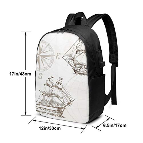 SNFDFS Mochila Bolsas con Puerto USB 15,6 Pulgadas, Moda Mochila De Viaje Camping Casual Mochila Mapa del Mar Náutico Brújula Vela Mochila Escolar Mochila