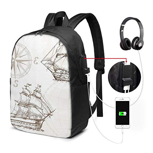 SNFDFS Mochila Bolsas con Puerto USB 15,6 Pulgadas, Moda Mochila De Viaje Camping Casual Mochila Mapa del Mar Náutico Brújula Vela Mochila Escolar Mochila