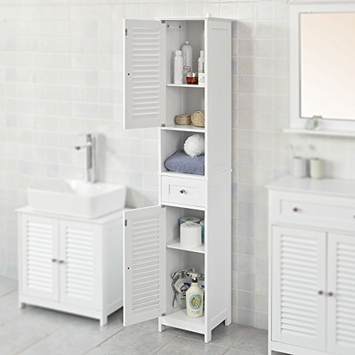 SoBuy Armario para baño Alto Mueble Columna de baño estanterías de baño-2 Puertas y 1 cajón FRG236-W,ES