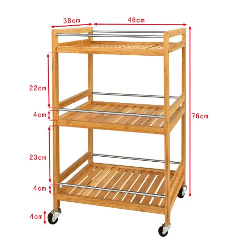 SoBuy® Estantería de cocina, carrito de cocina, estantería de baño de bambú con ruedas FKW11-N