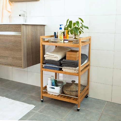 SoBuy® Estantería de cocina, carrito de cocina, estantería de baño de bambú con ruedas FKW11-N