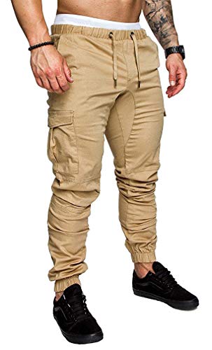 Socluer Cinturón de algodón elástico de los Hombres Pantalones de Carga Largos con cordón Bolsillos Laterales Pantalones Deportivos Pantalones de Jogging Ropa Deportiva