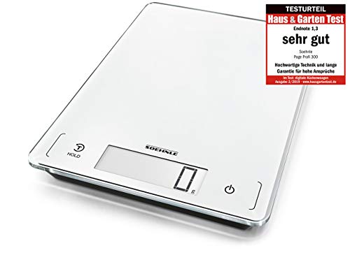 Soehnle Báscula de cocina Page Profi 300, peso digital blanco con función Sensor Touch, balanza electrónica hasta 20 kg (precisión de 1 g)